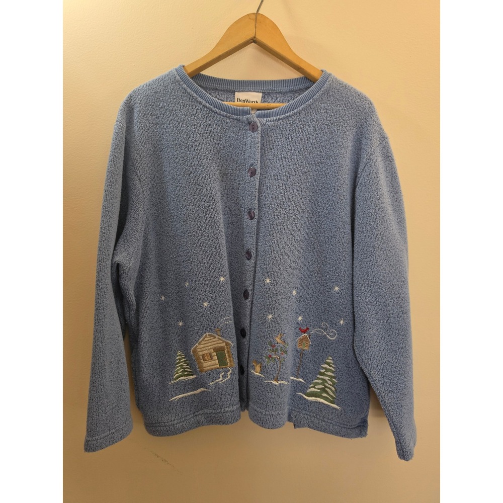 VTG BonWorth Blue Embroidered Winter Cabin Cardigan Sweater Womens Large Petite